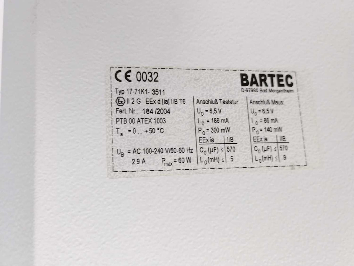 Bartec 17-71K1-3511 Ex-rated Industrial PC w/ BMF 102 Keyboard