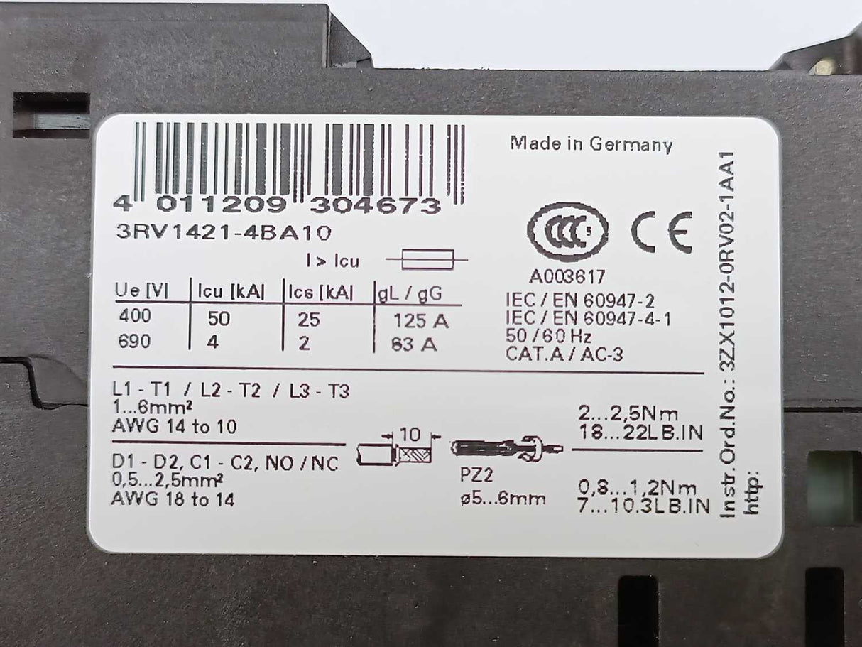 Siemens 3RV1421-4BA10 Sirius Circuit Breaker 14-20A, E06