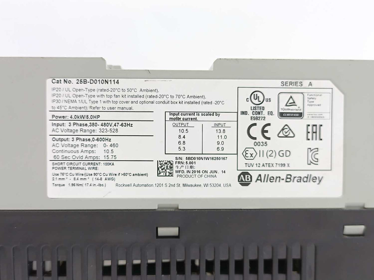 AB 25B-D010N114 PowerFlex 525 AC Drive 4.0kW, Ser. A