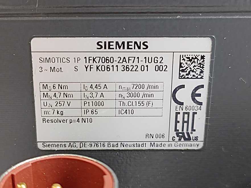 Siemens 1FK7060-2AF71-1UG2 SIMOTICS S Synchronous AC Servo Motor PN=1.5 kW