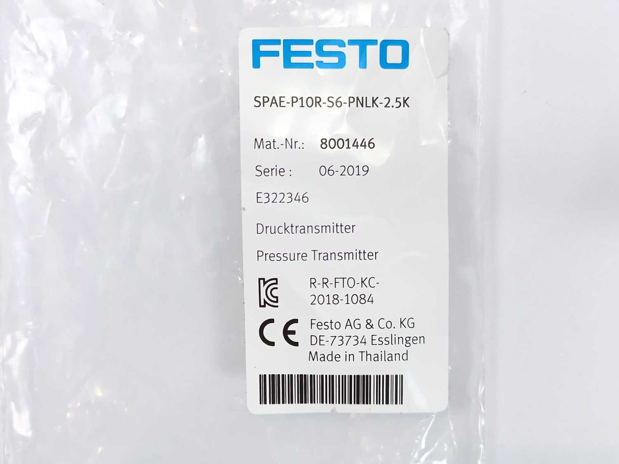 Festo 8001446 SPAE-P10R-S6-PNLK-2.5K Pressure Sensor 10 bar