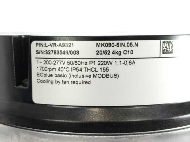 Ziehl-Abegg L-VR-A9321 Motor, MK090-6IN.05.N, 200-277V, 50/60Hz, 220w, 1.1-0.8A