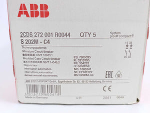 ABB 2CDS 272 001 R0044 S202M-C4 Miniature Circuit Breaker, Batch of 5 pcs.