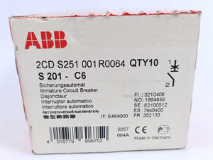 ABB 2CDS251001R0064 S201-C6 Miniature Circuit Breaker, Batch of 10 pcs.