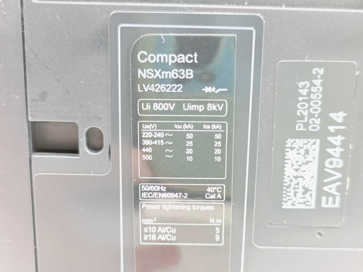 Schneider Electric LV426222 Compact NSXm 63 B Circuit Breaker 25kA 380/415V