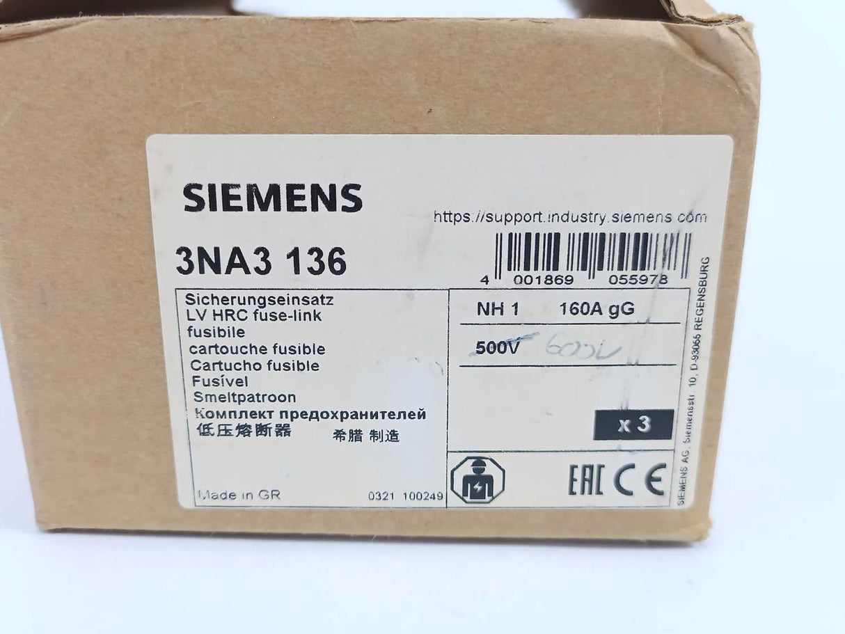 Siemens 3NA3 136 LV HRC Fuse-Link, Batch of 3 pcs