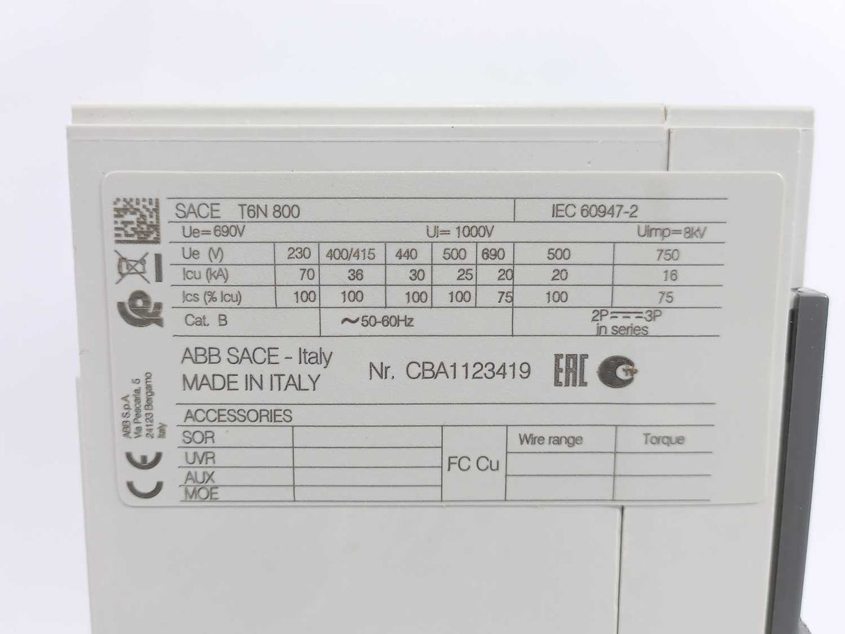 ABB 1SDA060273R1 T6N 800 PR221DS-LS/I In=800 4p F F Cirsuit Breaker