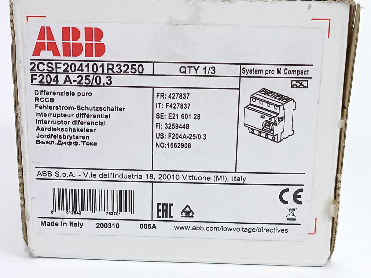 ABB 2CSF204101R3250 F204 A-25/0.3 Residual Current Circuit Breaker