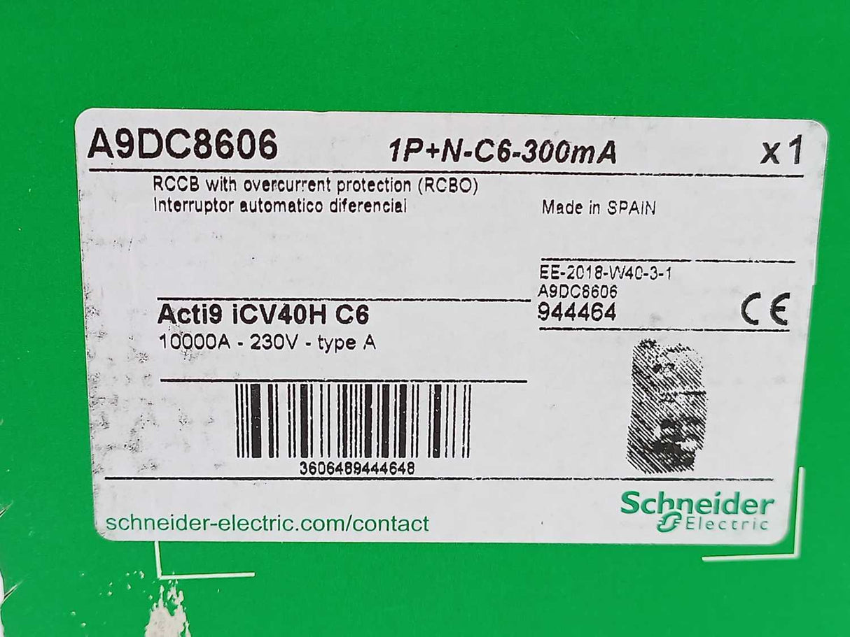 Schneider Electric A9DC8606 RCBo iCV40H 1PN C 6A 300mA w/ Overcurrent Protection