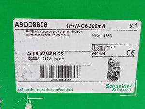 Schneider Electric A9DC8606 RCBo iCV40H 1PN C 6A 300mA w/ Overcurrent Protection