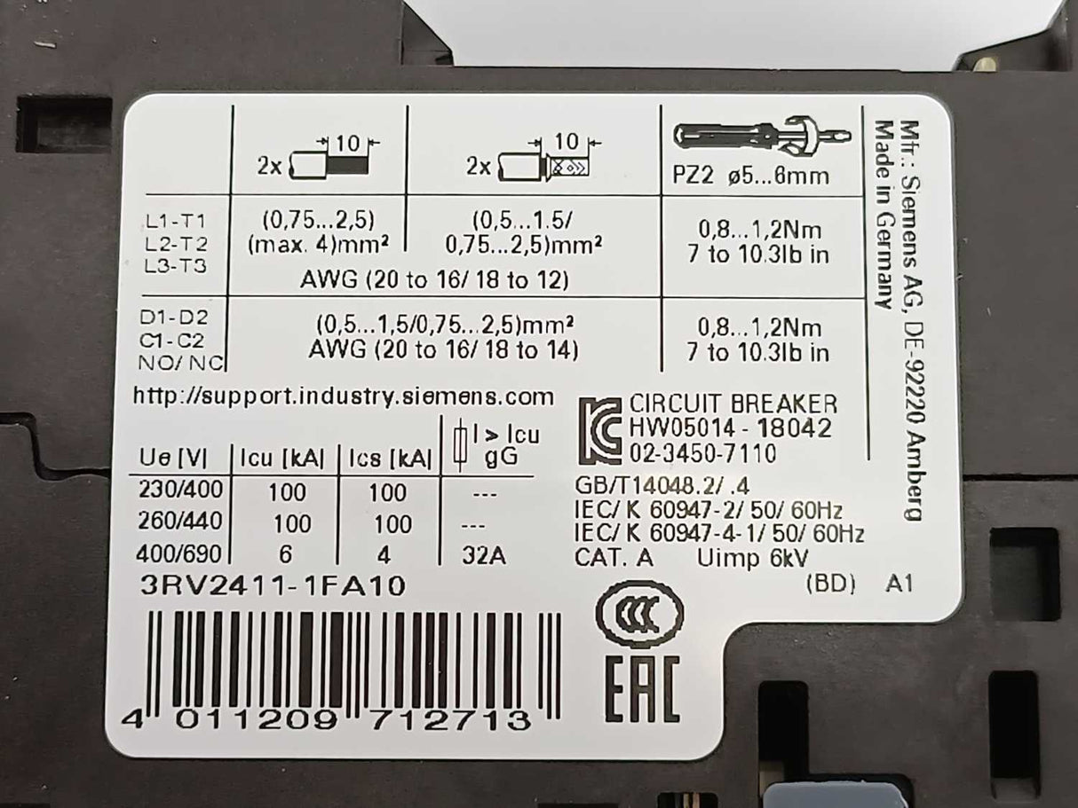 Siemens 3RV2411-1FA10 3.5-5A 3RV2 Motor Protection Circuit Breaker