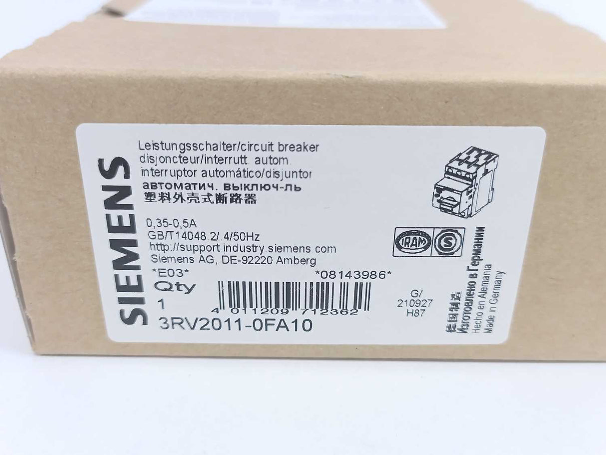 Siemens 3RV2011-0FA10 Circuit Breaker for Motor Protection 0.35-0.5A