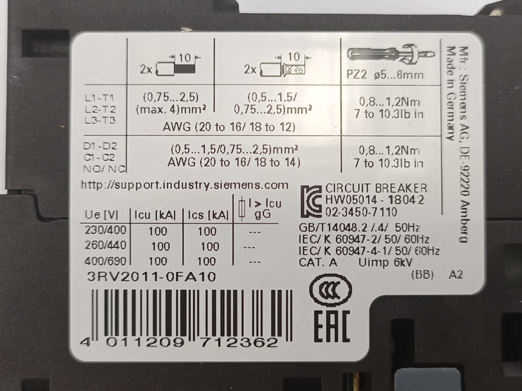 Siemens 3RV2011-0FA10 Circuit Breaker for Motor Protection 0.35-0.5A