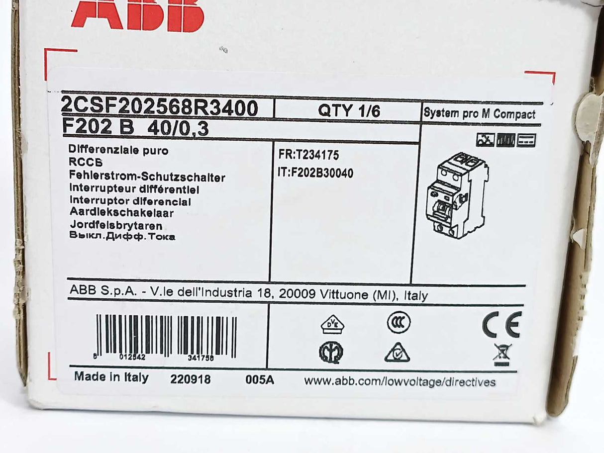 ABB 2CSF202568R3400 F202 B-40/0.3 Residual Current Circuit Breaker 2P 300mA 40A