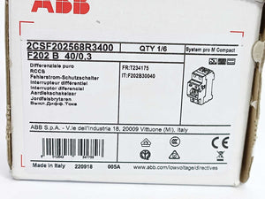 ABB 2CSF202568R3400 F202 B-40/0.3 Residual Current Circuit Breaker 2P 300mA 40A