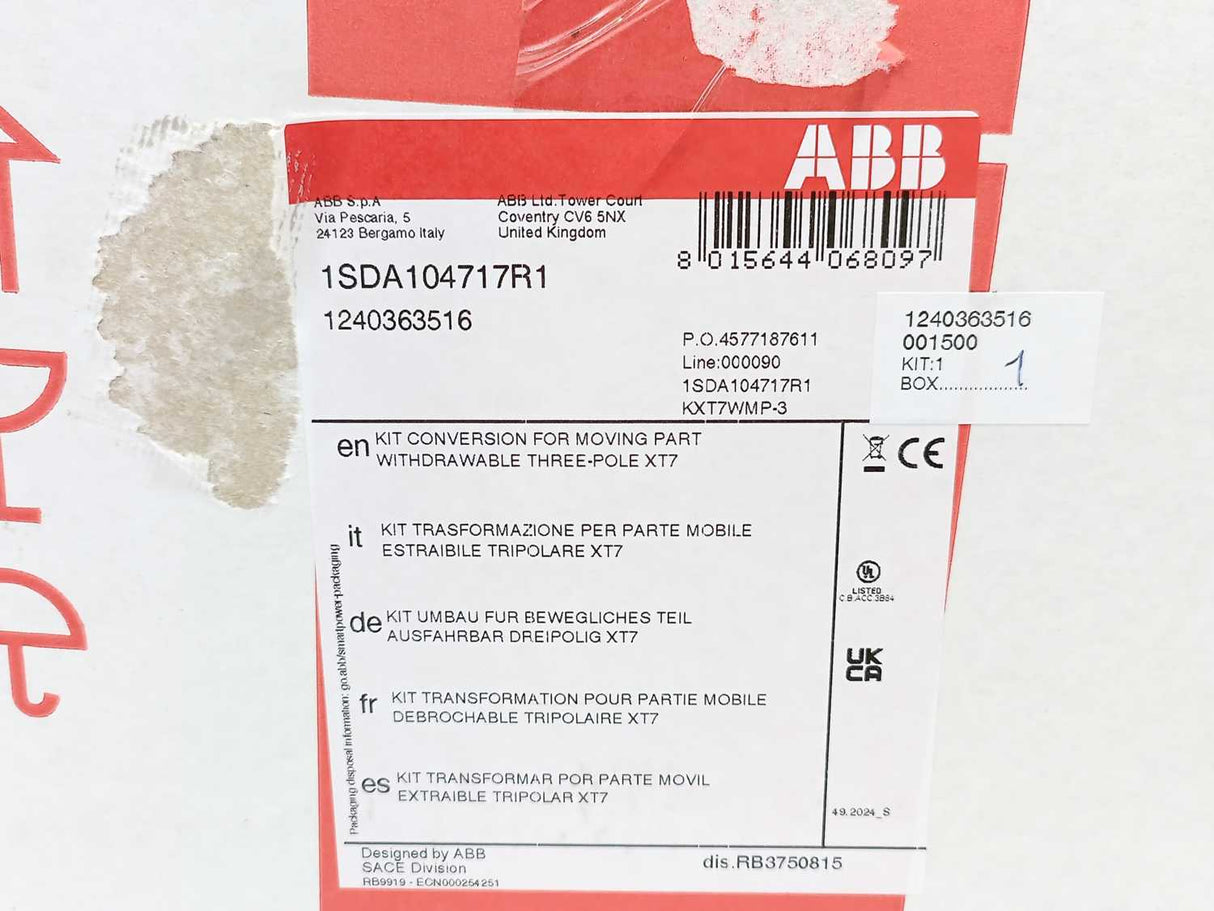ABB 1SDA104717R1 Kit Conversion for Moving Part Withdrawable 3P XT7