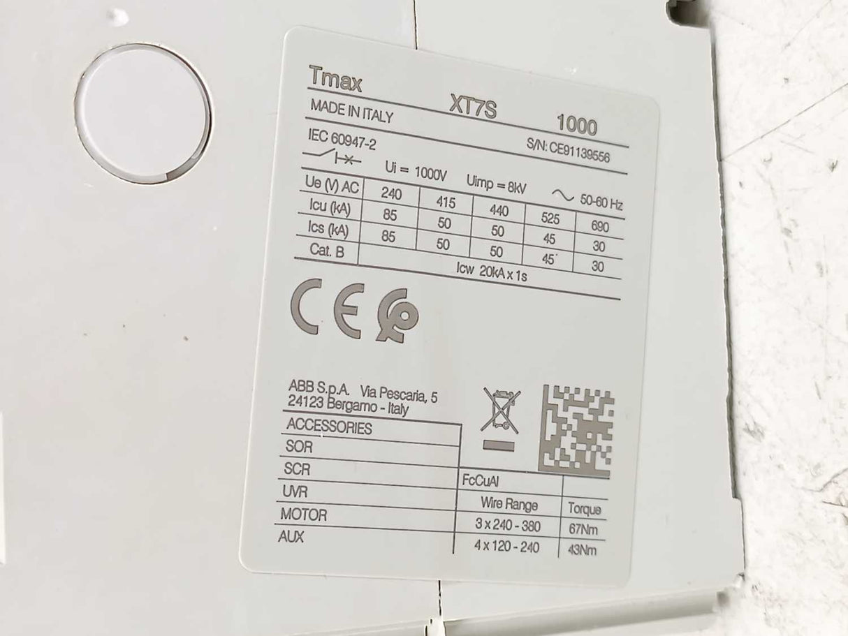 ABB 1SDA100839R1 XT7S 1000 Ekip Touch LSI In=1000A 3p F F Circuit Breaker