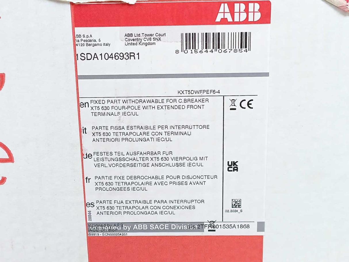 ABB 1SDA104693R1 XT5 W FP 630A 4p EF EF IEC/UL Fixed Part Withdrawable