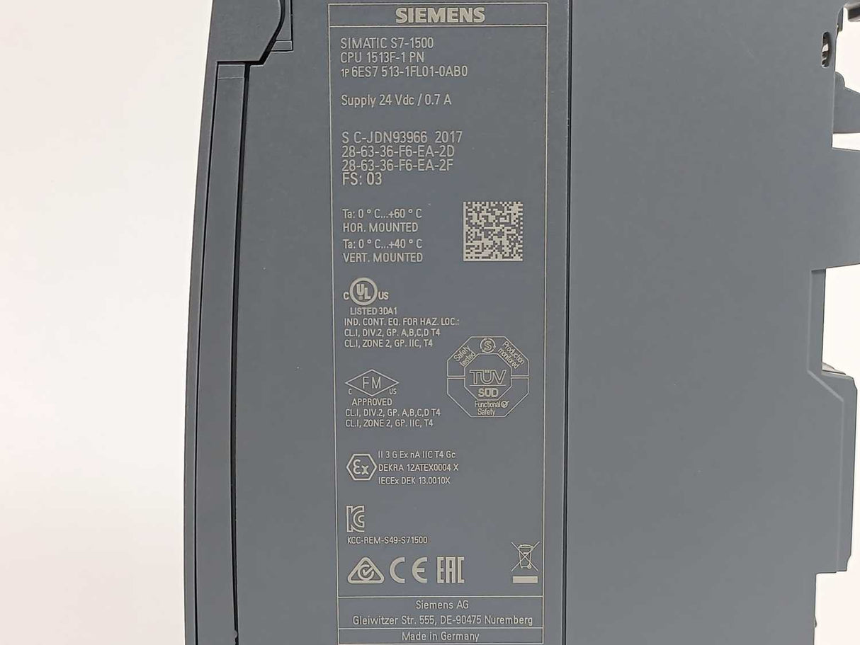 Siemens 6ES7513-1FL01-0AB0 SIMATIC S7-1500F, CPU 1513F-1 PN,  Processing Unit