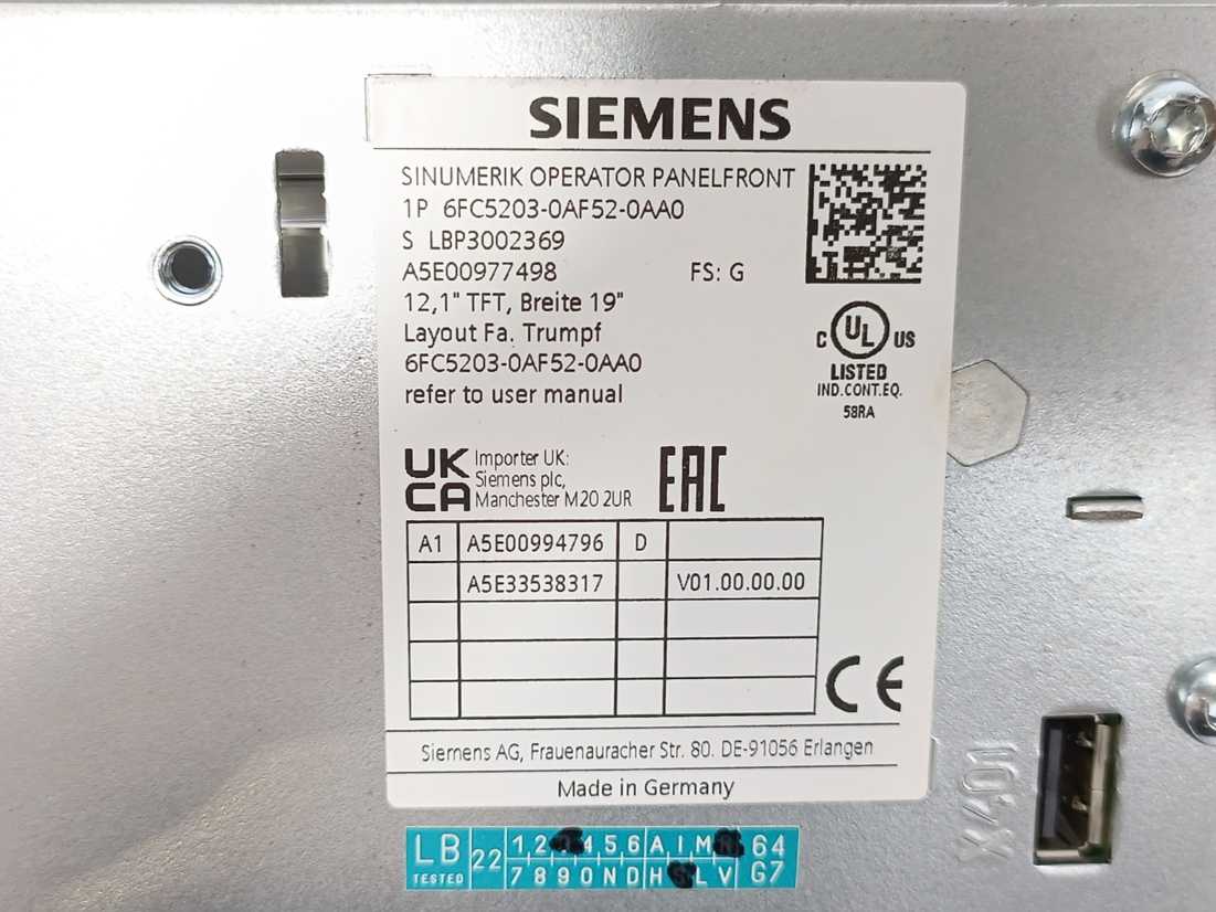 Siemens 6FC5203-0AF52-0AA0 SINUMERIK TRUMPF Operator Panel