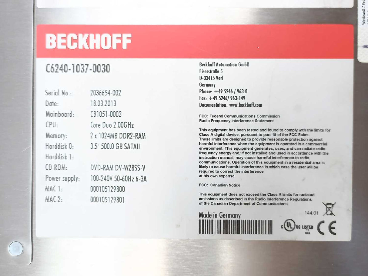 Beckhoff C6240-1037-0030 Control Cabinet Industrial PC, Main Board - CB1051G5