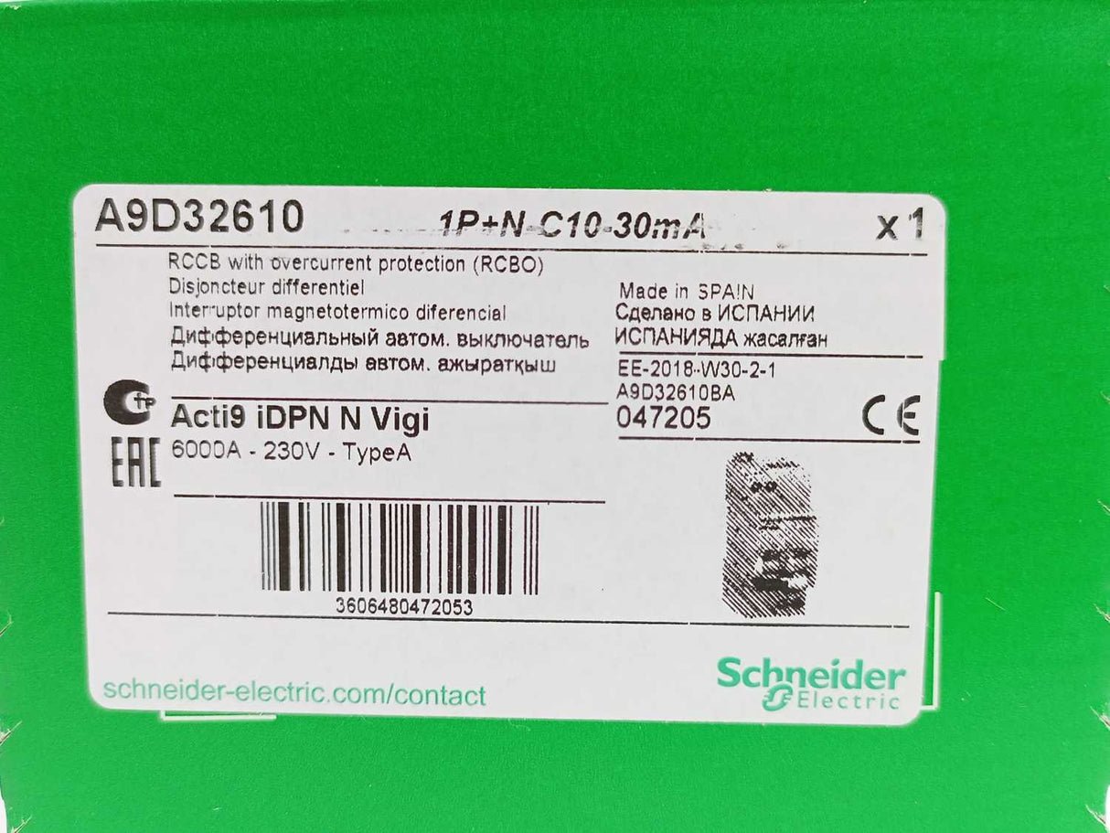Schneider Electric A9D32610 RCBO Breaker, Acti9, iDPNN, 6000A-230V