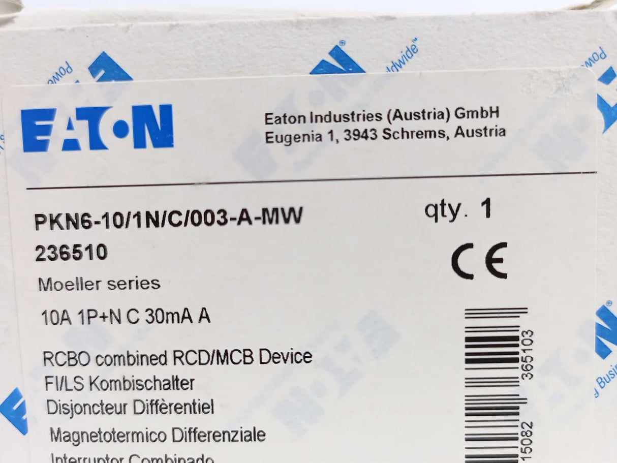Eaton 236510 PKN6-10/1N/C/003-A-MW RCBO Combined RCD/MCB Device