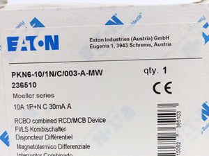 Eaton 236510 PKN6-10/1N/C/003-A-MW RCBO Combined RCD/MCB Device