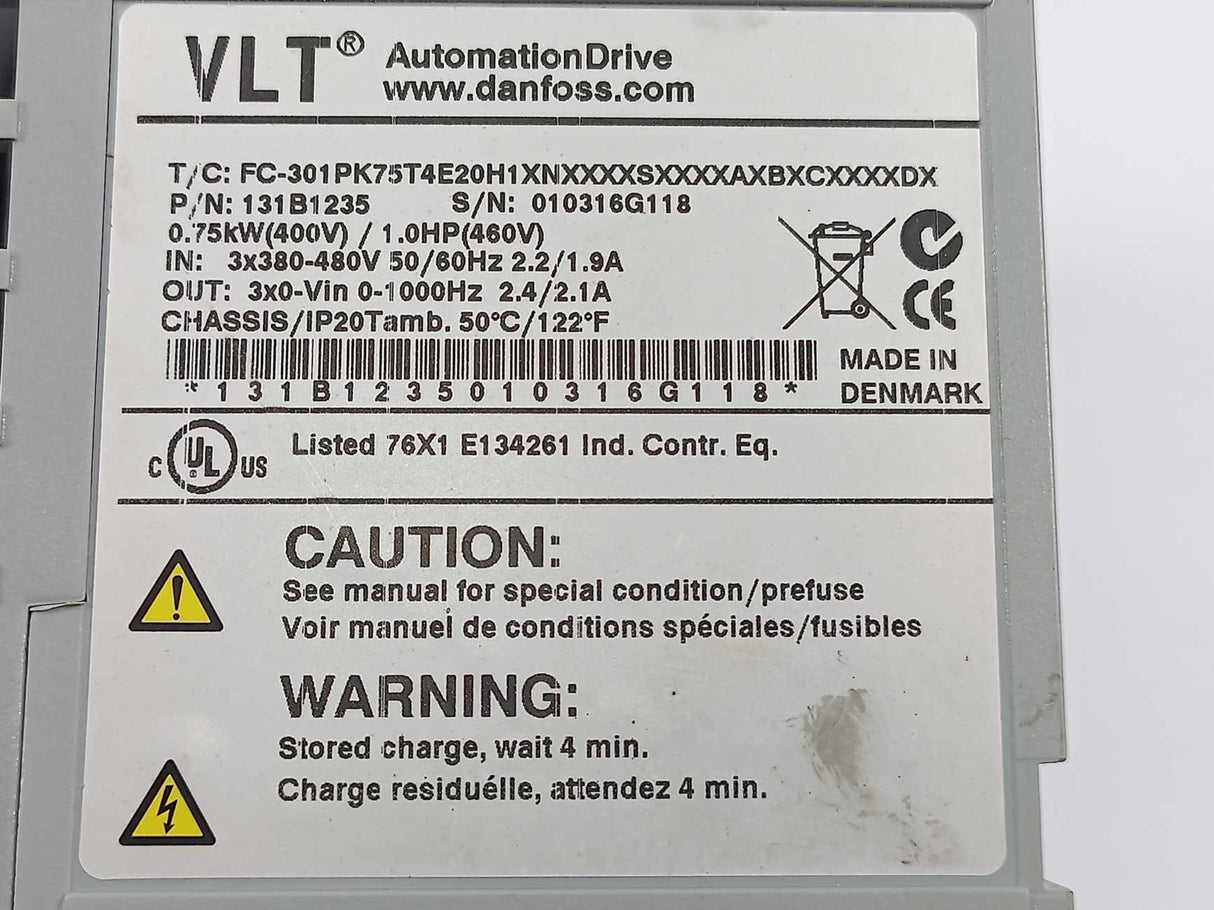 Danfoss FC-301PK75T4E20H1XNXXXXSXXXXAXBXCXXXXDX 131B235 VLT Inverter 0,75 kW