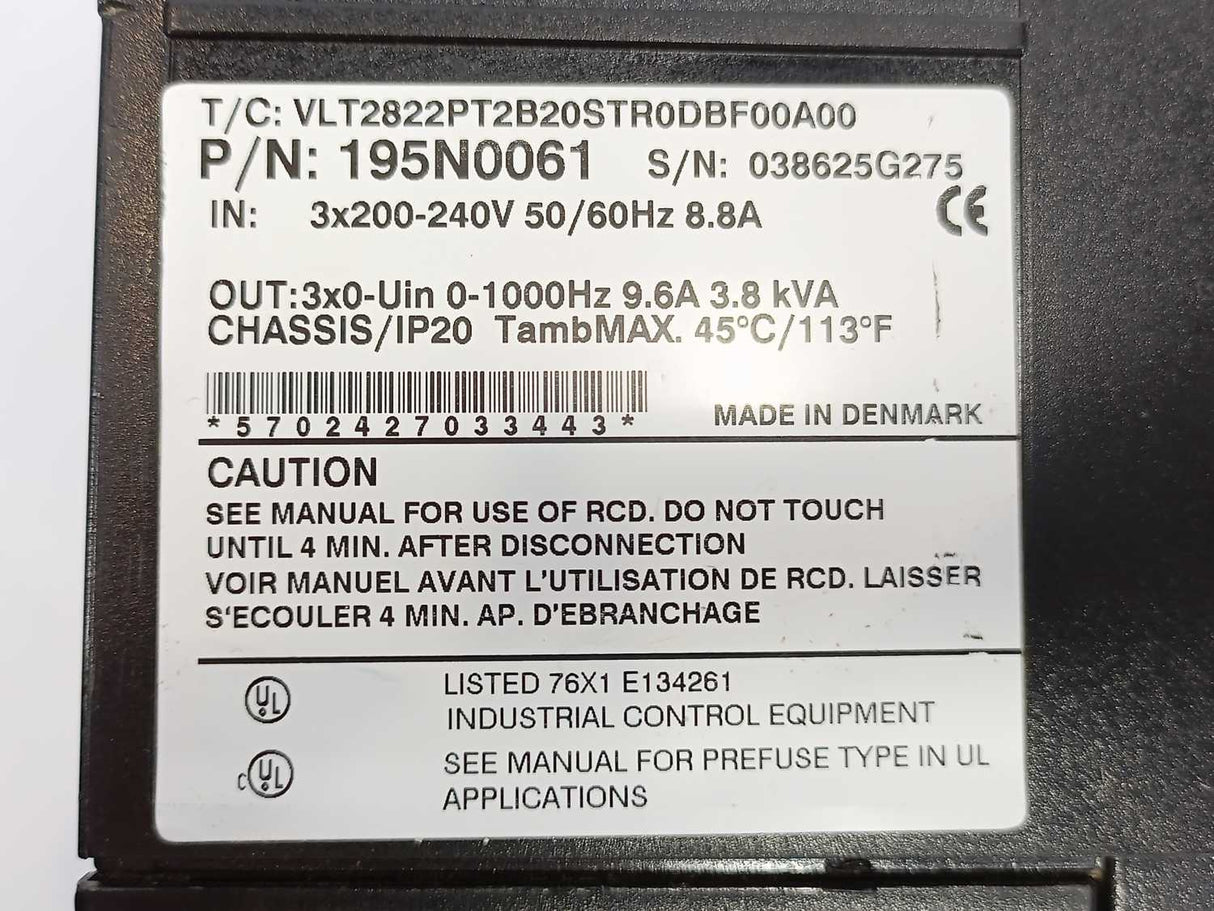 Danfoss 195N0061 VLT 2800 Drive VLT2822PT2B20ST0DBF00A00 3.8kVA