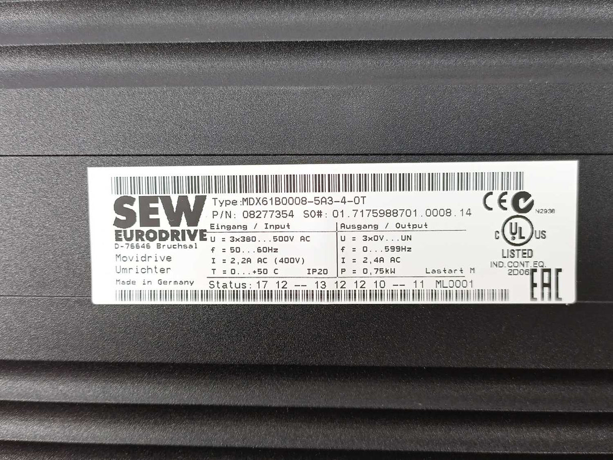 SEW-EURODRIVE  MDX61B0008-5A3-4-0T Movidrive 08277354 w/ Control DBG60B-01