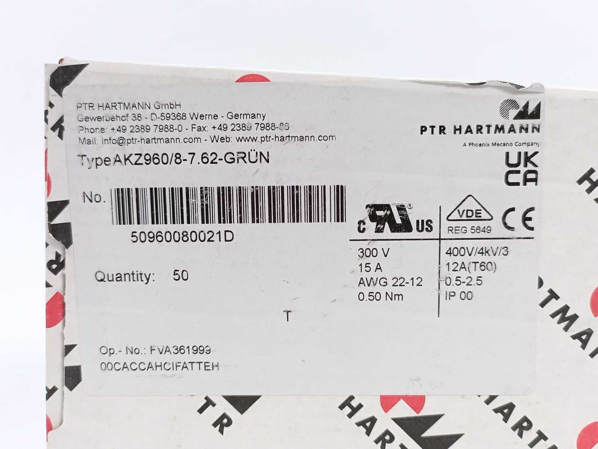 PTR Hartmann 50960080021D AKZ960/8-7.62-GRÜN Connectors Batch 50pcs.