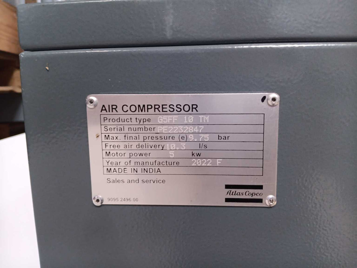Atlas Copco G5FF 10 TM Air Compressor w/ 9095319580 Air Reciever 2022, 0 Hours