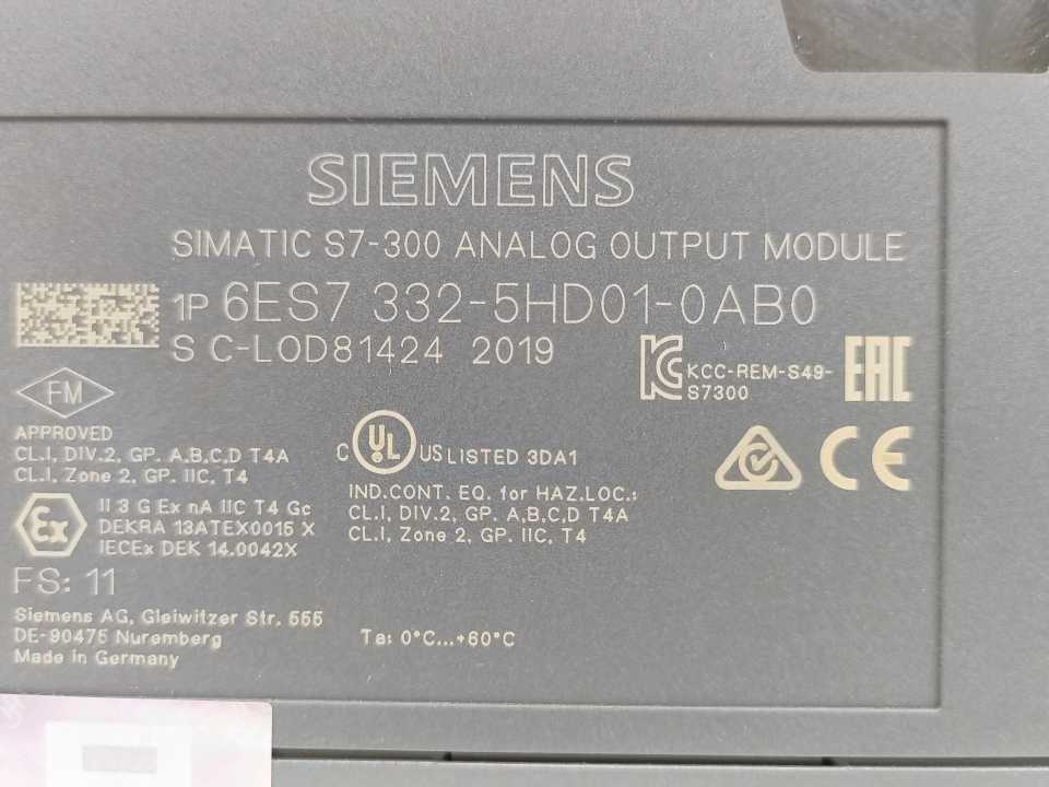 Siemens 6ES7 332-5HD01-0AB0 S7-300 Analog Output Module AO 4x12BIT