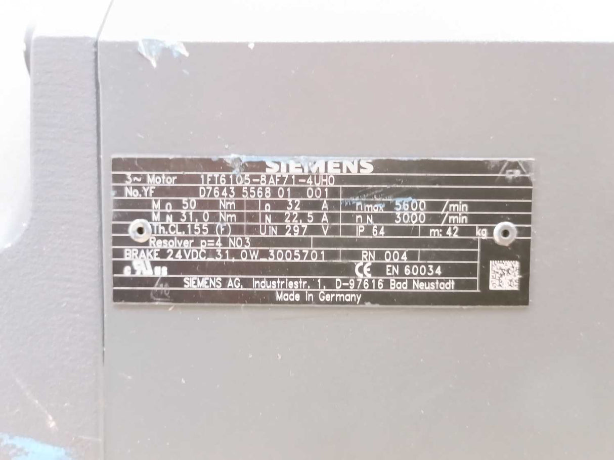 Siemens 1FT6105-8AF71-4UH0 SIMOTICS S Permanent-magnet Synchronous Servo Motor