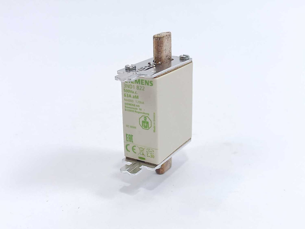 Siemens 3ND1822 LV HRC Fuse NH000 63A aM 500Vac Batch 3 Pcs.