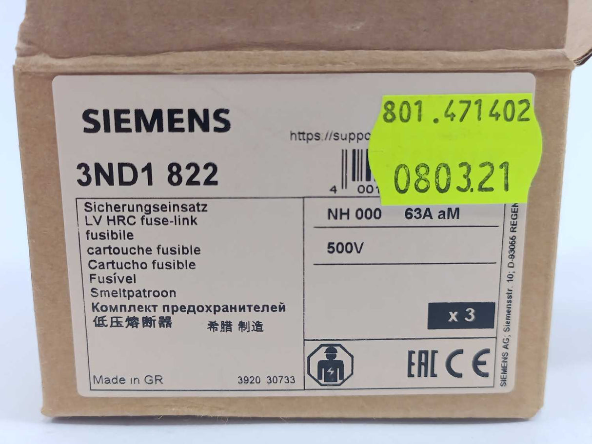 Siemens 3ND1822 LV HRC Fuse NH000 63A aM 500Vac Batch 3 Pcs.