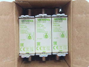 Siemens 3ND1822 LV HRC Fuse NH000 63A aM 500Vac Batch 3 Pcs.