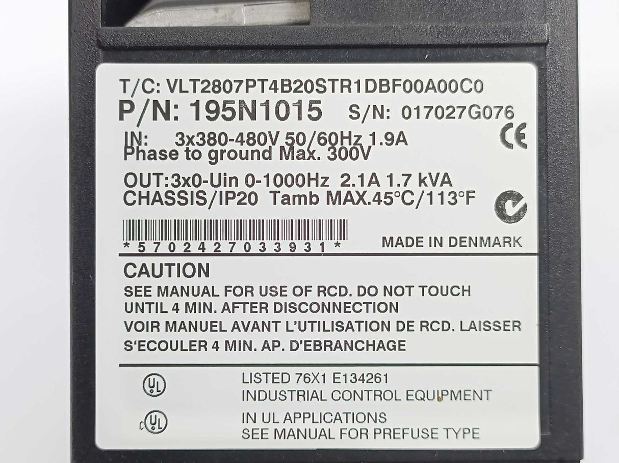 Danfoss VLT2807PT4B20STR1DBF00A00C0 195N1015 VLT 2800 Frequency Inverter 1.7kVA