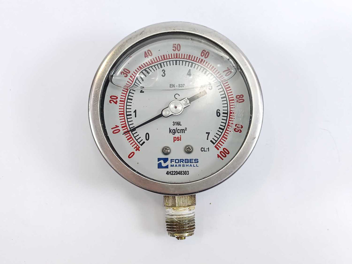 Forbes Marshall Pressure Gauge 0...100 psi  0...7 kg/cm2  EN-837 316L CL:1