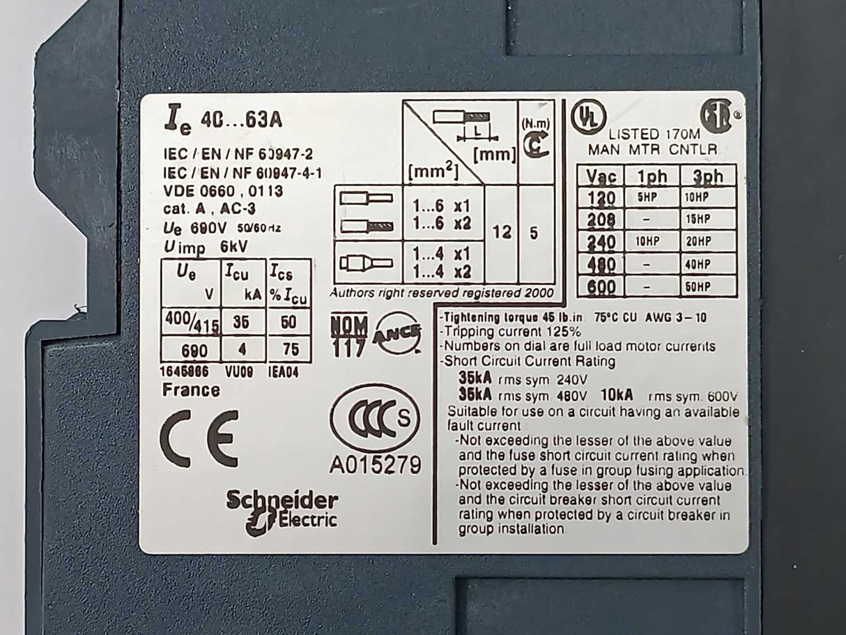 TELEMECANIQUE GV3ME63 Motor Circuit Breaker 40-63A