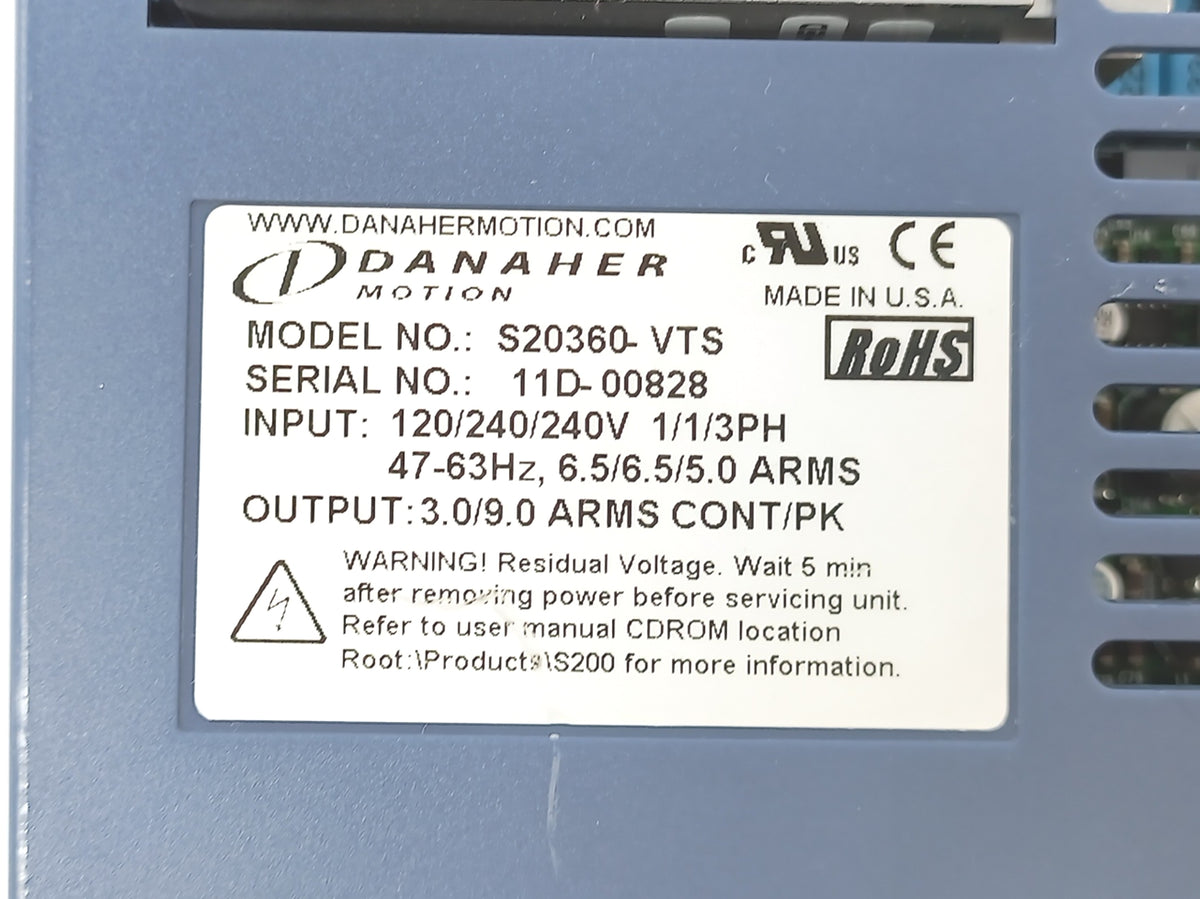 Danaher Motion S20360-VTS S200 AC Servo Drive 3.0/9.0 ARMS Cont/PK