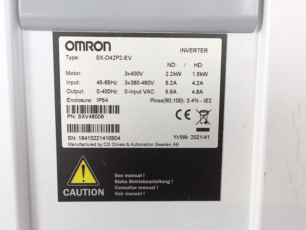 OMRON SX-D42P2-EV Frequency Inverter, ND: 2.2kW, 5.2A, 5,5A, HD:1.5kW, 4.2A, 4,8