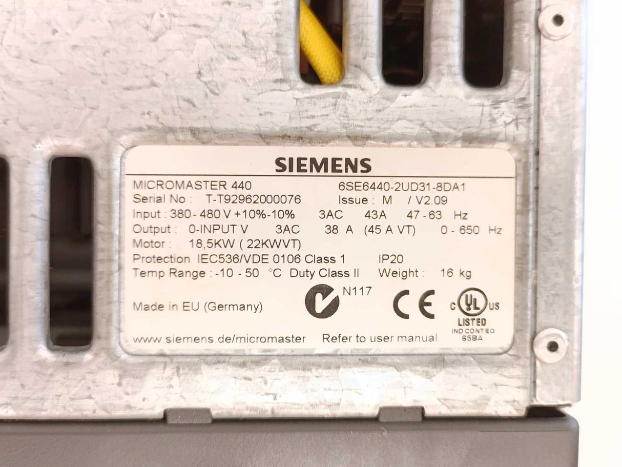 Siemens 6SE6440-2UD31-8DA1 MICROMASTER 440 Frequency Converter 18.5kW