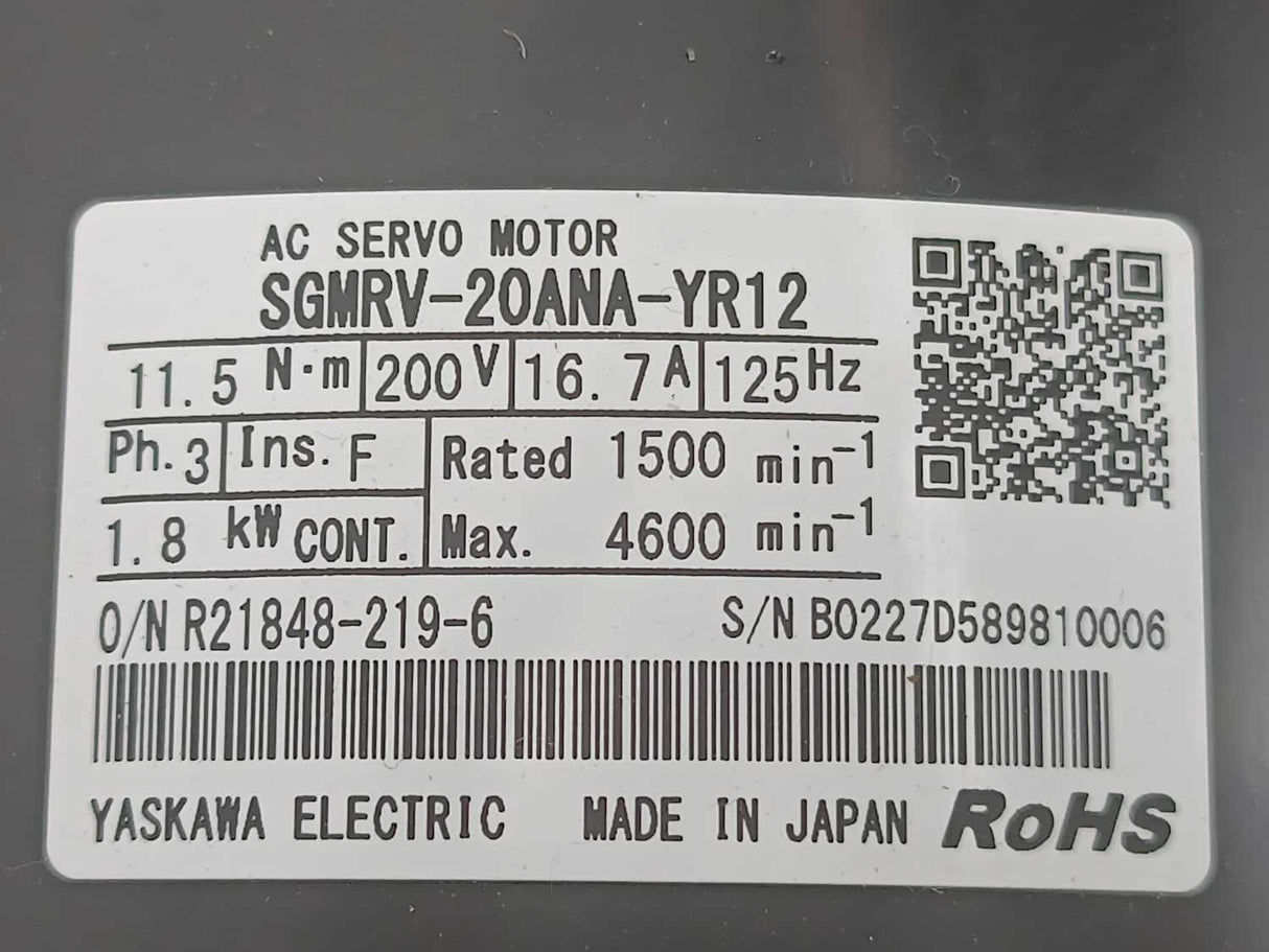 YASKAWA ELECTRIC SGMRV-20ANA-YR12 Servo Motor AC 1.8kW, 16.7A 200V