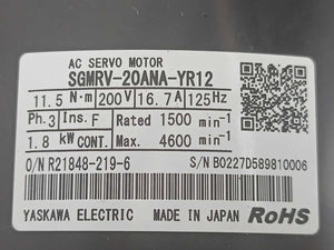YASKAWA ELECTRIC SGMRV-20ANA-YR12 Servo Motor AC 1.8kW, 16.7A 200V