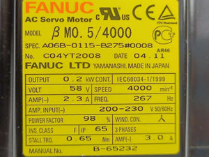 Fanuc MO.5/4000 Servo Motor, C04YT2008, A06B-0115-B275#0008, loks like new
