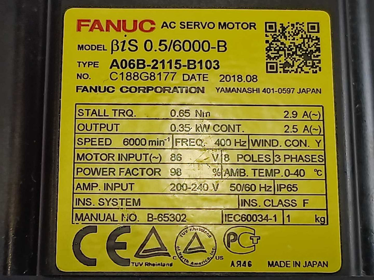 Fanuc ßiS 0.5/6000-B Servo Motor, , A06B-2115-B103, C188G8177
