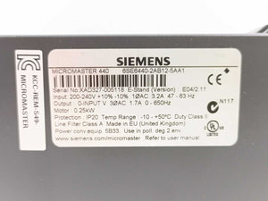 Siemens 6SE6440-2AB12-5AA1 MICROMASTER 440 Frequency Converter 0.25kW
