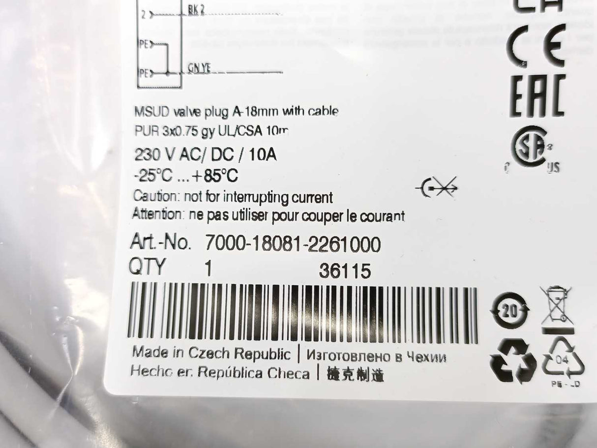 MURR Elektronik 7000-18081-2261000 MSUD Valve Plug A-18mm with Cable